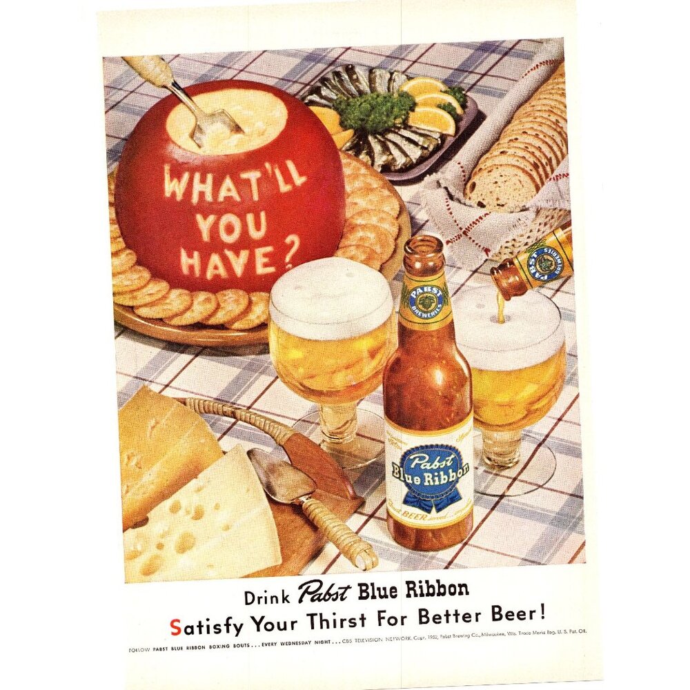 1952 Pabst Blue Ribbon Beer PBR Vintage Print Ad Cheese Fondue Pot 50s Wall Art